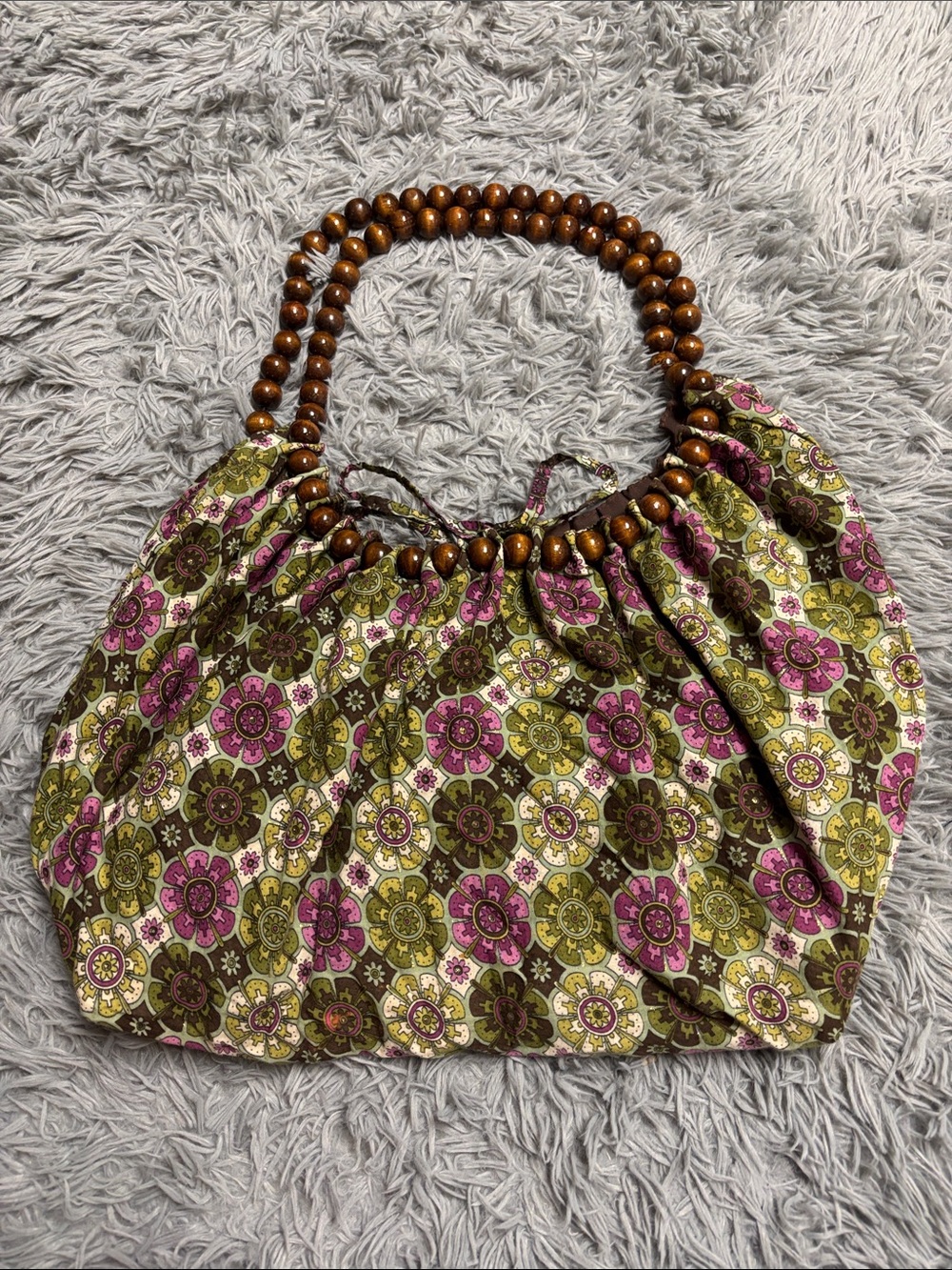 Y2K Large Floral Bag with Wooden Beaded Straps